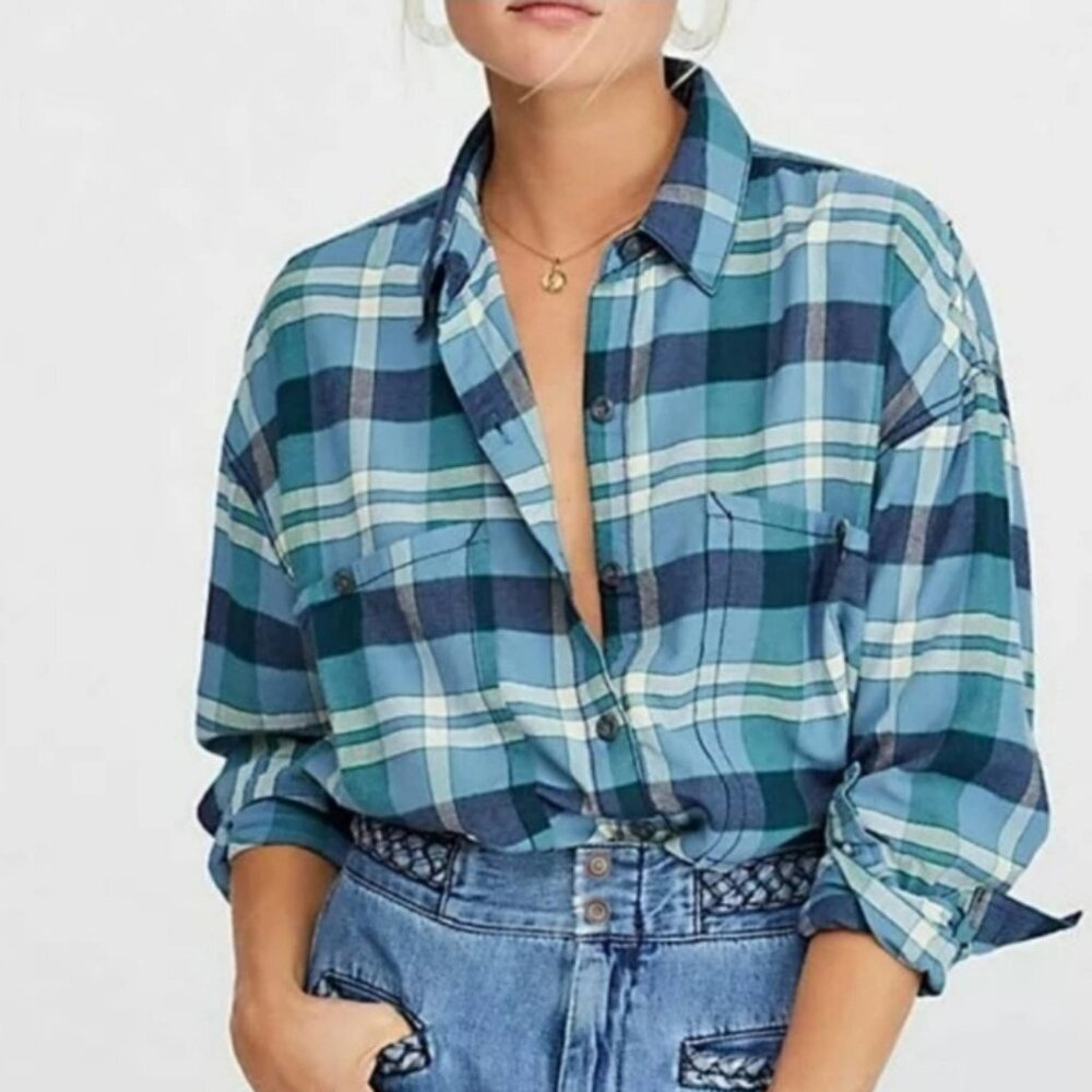 Free People Loveland Plaid Shirt in Winter Sea Color Size Med